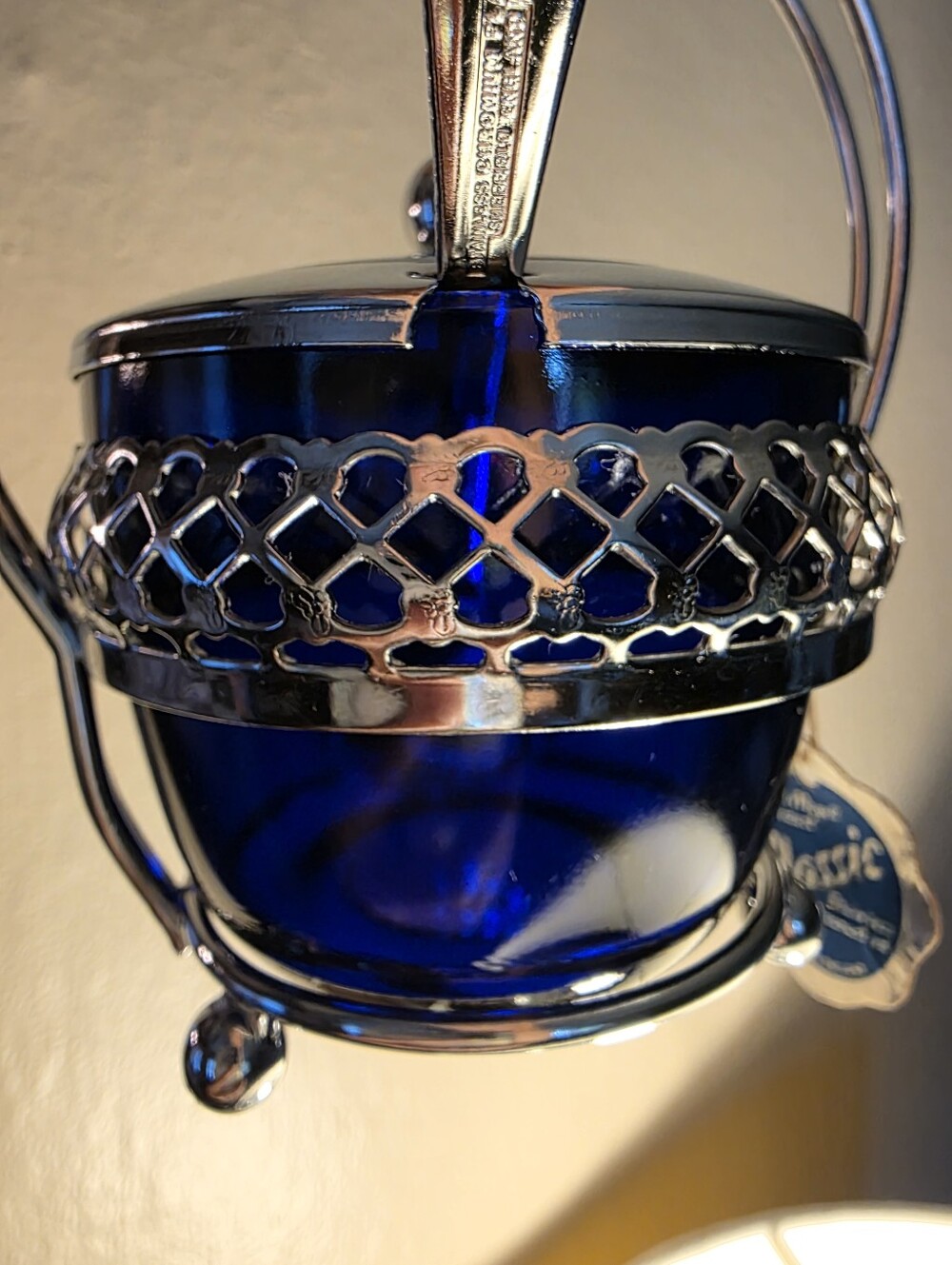 Vintage Meynell Cobalt Blue Glass Jam/Sugar Pot with Original Tag